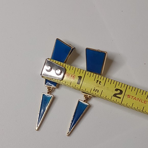 Blue And Gold Tone Metal Long Dangling Triangle Earrings - Picture 8 of 11